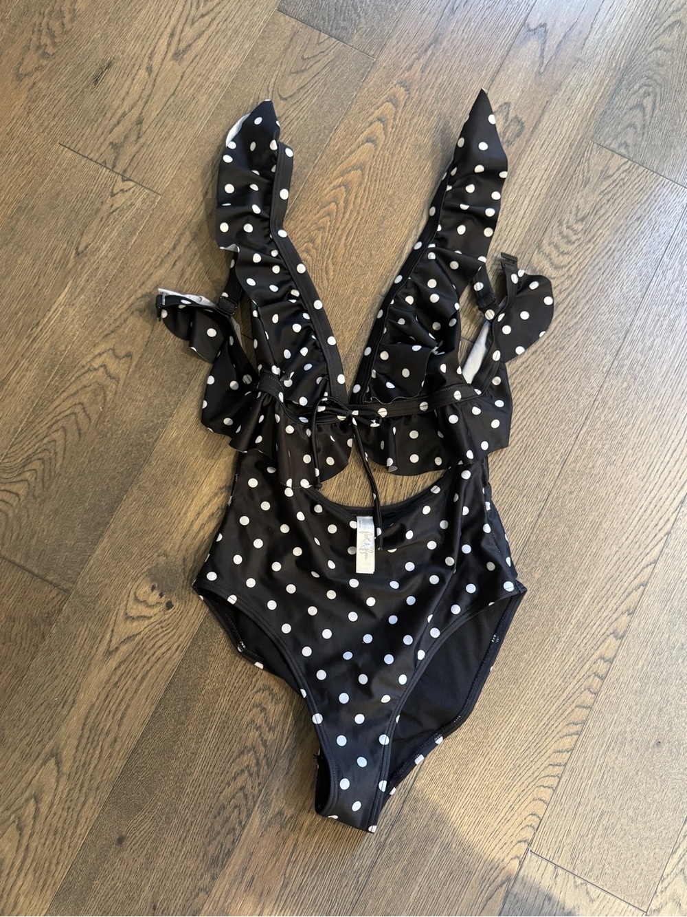 Peek & Beau Fuller Bust Polka Dot Ruffle Swimsuit - Black & White- US 4 F-G cup